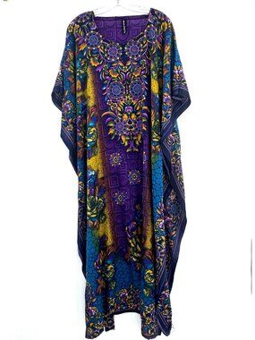 American Leisure Floral Kaftan Dress Free Size Vibrant Multicolor Boho